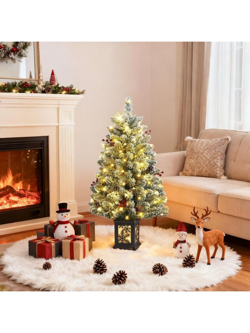 🎄3 Ft Vintage Snow Base Christmas Tree with 78 Led Lights Decoration for Home - Picture 2 of 6